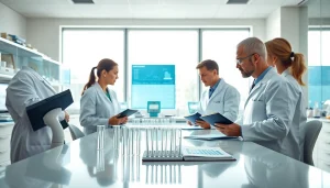 Researchers conducting the ADAPTABLE Aspirin Study in a bright laboratory filled with data and test results.