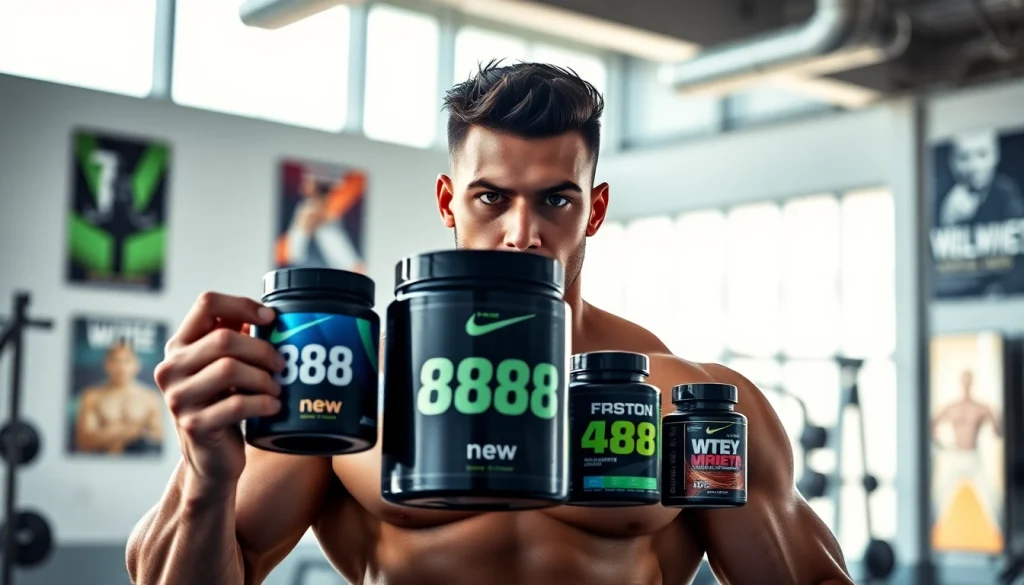 Elevate your fitness with the 888 new supplement range, prominently displayed by a dedicated athlete.