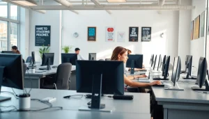 Engaging view of a professional typing center with individuals focused on their work.