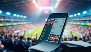 Explore best sports betting apps in India with a vibrant app interface against a stadium backdrop.