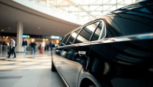 Book your premium ride with https://www.canadalimotaxi.com showcasing a luxurious limousine at the airport.