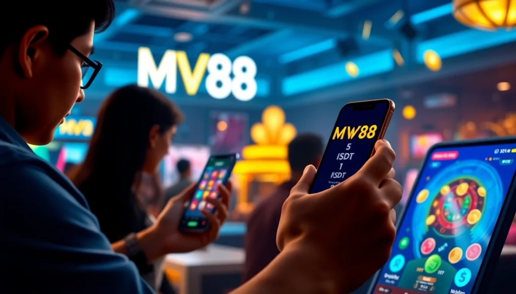 Engaging MV88 online app showcasing secure USDT transactions and vibrant gaming elements.