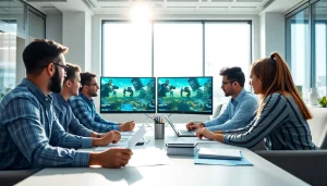 Team at a video game QA company collaborating on game testing in a modern office.