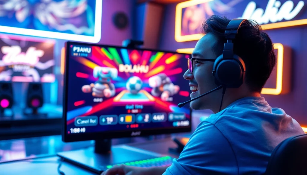 Menampilkan bolahiu game dalam suasana gaming yang penuh energi, dengan pemain yang antusias di depan monitor.