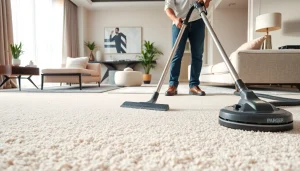 Efficient carpet cleaning Dubai service with a technician using advanced equipment in a modern setting.