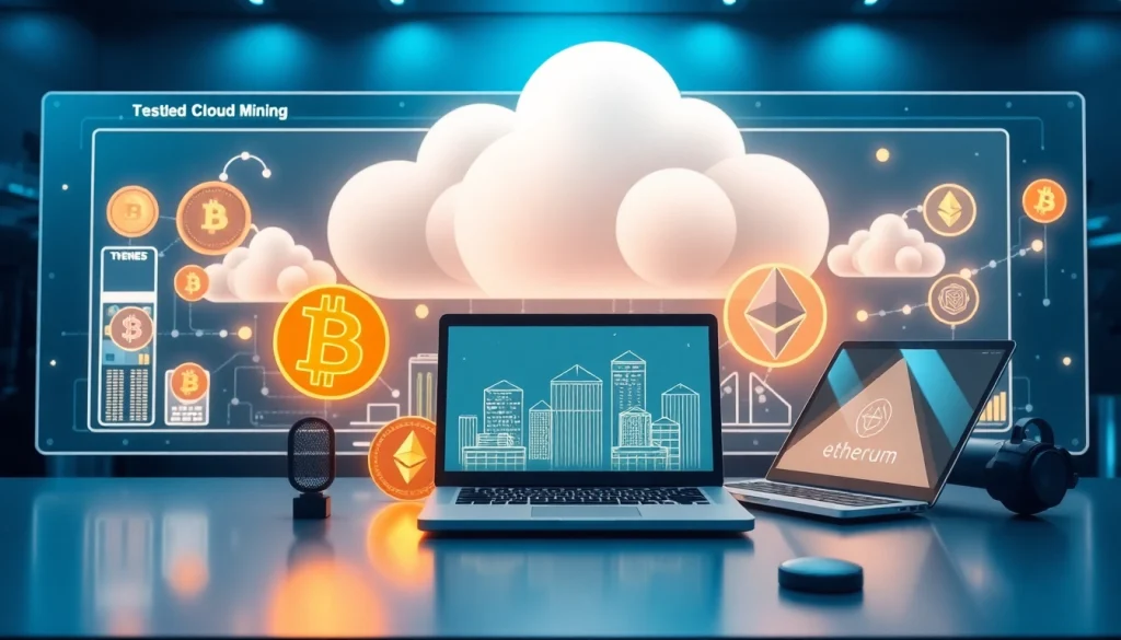 Cloud mining concept with modern digital interface and cryptocurrency icons.