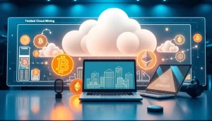 Cloud mining concept with modern digital interface and cryptocurrency icons.