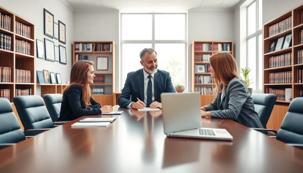 Engaged clients discussing strategies with a professional at https://www.agslawfirm.com in a well-lit office.