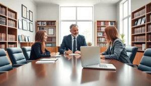 Engaged clients discussing strategies with a professional at https://www.agslawfirm.com in a well-lit office.