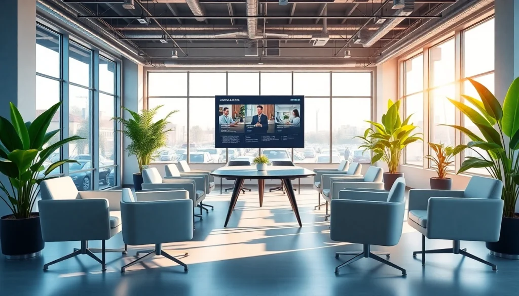 Showcasing industrial leasing office with modern design and bright atmosphere.