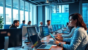 Engaging team at https://benchbot.ai collaborates on AI testing solutions in a modern office.