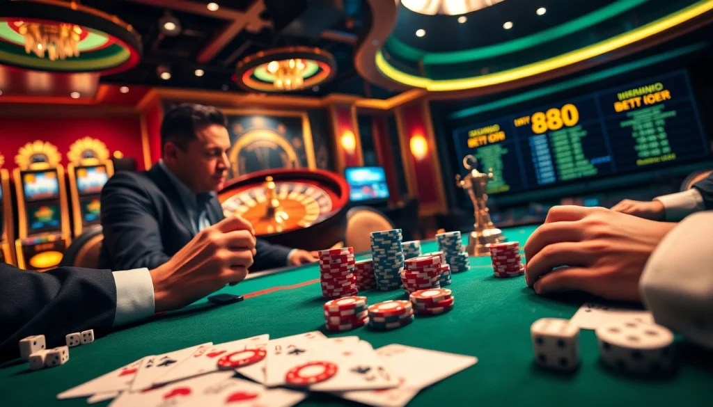 Hi88 poker players analyze their cards under dramatic lighting, showcasing high stakes and excitement in a vibrant casino setting.