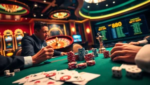 Hi88 poker players analyze their cards under dramatic lighting, showcasing high stakes and excitement in a vibrant casino setting.