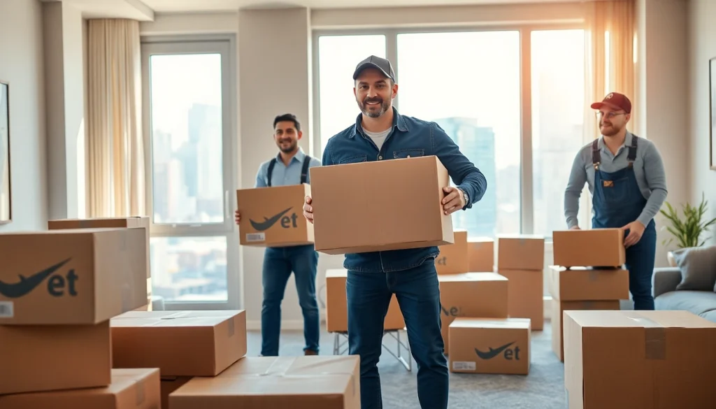Efficient team from a Toronto moving company packing boxes in a bright urban apartment.