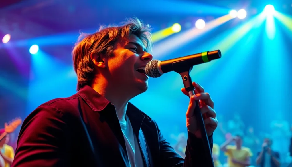 MV88 microphone enhancing live performance with a dynamic atmosphere and colorful lighting.