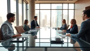 Agents discussing industrial leasing options in a modern office, showcasing a professional atmosphere.