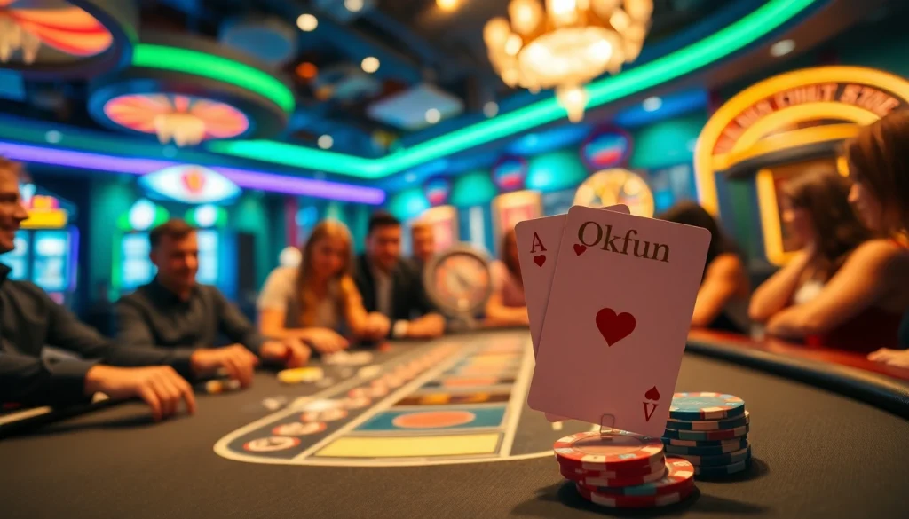 Experience Okfun at a vibrant poker table with colorful chips, cards, and an exciting casino atmosphere.