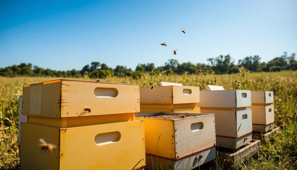 Observa cómo las colmenas langstroth albergan abejas en un día soleado y productivo.