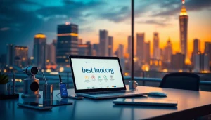 Showcase advanced AI tools at https://best-ai-tools.org on a modern workspace with a city skyline backdrop.