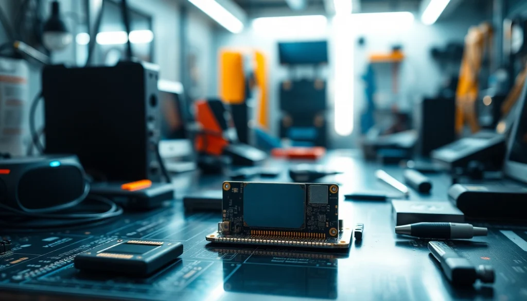 Showcasing a Bluetooth module with intricate details in a high-tech workspace.