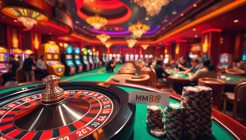Players at the Nhà cái MM88 tables place bets and enjoy thrilling moments in a vibrant casino atmosphere.