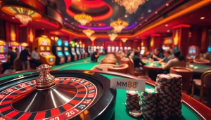 Players at the Nhà cái MM88 tables place bets and enjoy thrilling moments in a vibrant casino atmosphere.