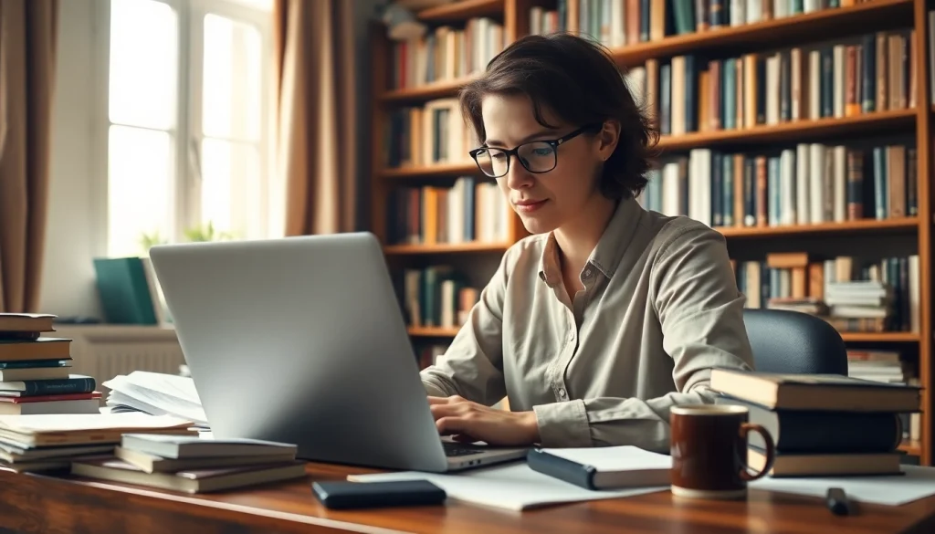 Redactare la comanda a unei lucrări academice la birou, evidențiind dedicarea și profesionalismul.