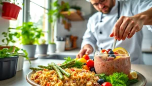 Chef creating a vibrant dish inspired by recipesalexarciab.com, showcasing healthy meal options.