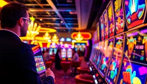 Permainan jentoto yang mengesankan dengan slot mesin modern di casino yang cerah.