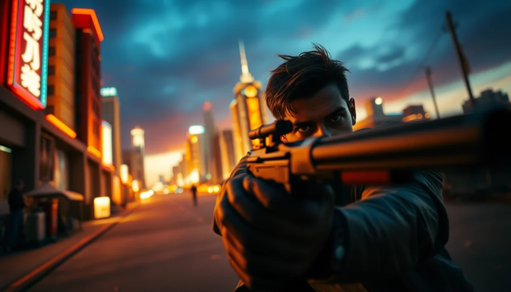 Showcase an action-packed thriller scene with a heroic protagonist in a dramatic urban setting.