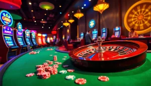 Vibrant casino scene featuring KJC AC 1 with tables, slot machines, and roulette wheel.