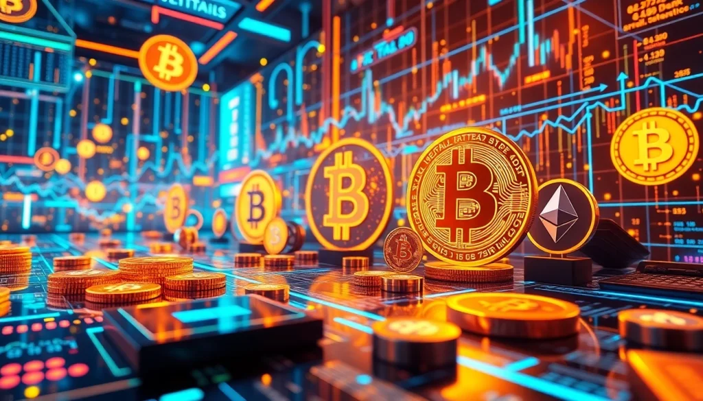 Bit coin trading scene with cryptocurrency logos, blockchain visuals, and trading charts in a secure digital environment.