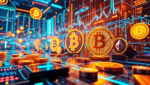 Bit coin trading scene with cryptocurrency logos, blockchain visuals, and trading charts in a secure digital environment.