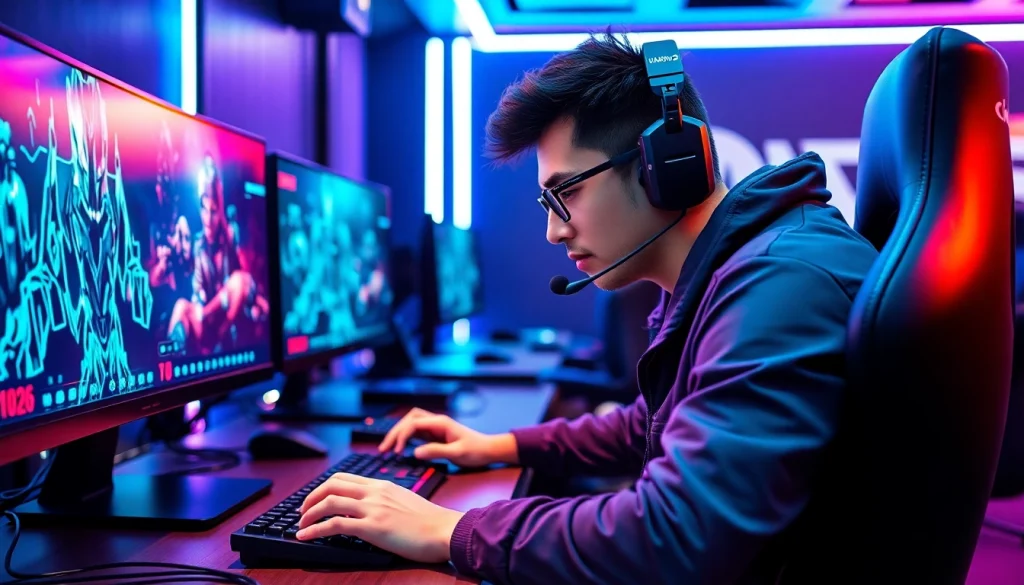 Menampilkan pemain yang berfokus bermain hakim4d game dengan peralatan gaming canggih.