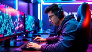 Menampilkan pemain yang berfokus bermain hakim4d game dengan peralatan gaming canggih.