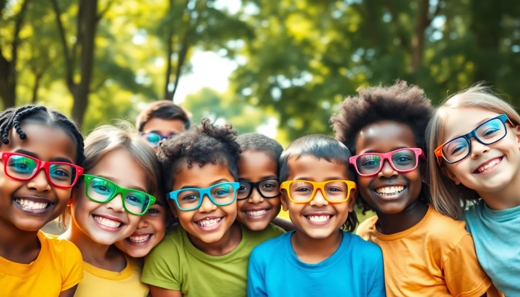 Promote Our Children's Vision with a diverse group of children joyfully wearing glasses outdoors.