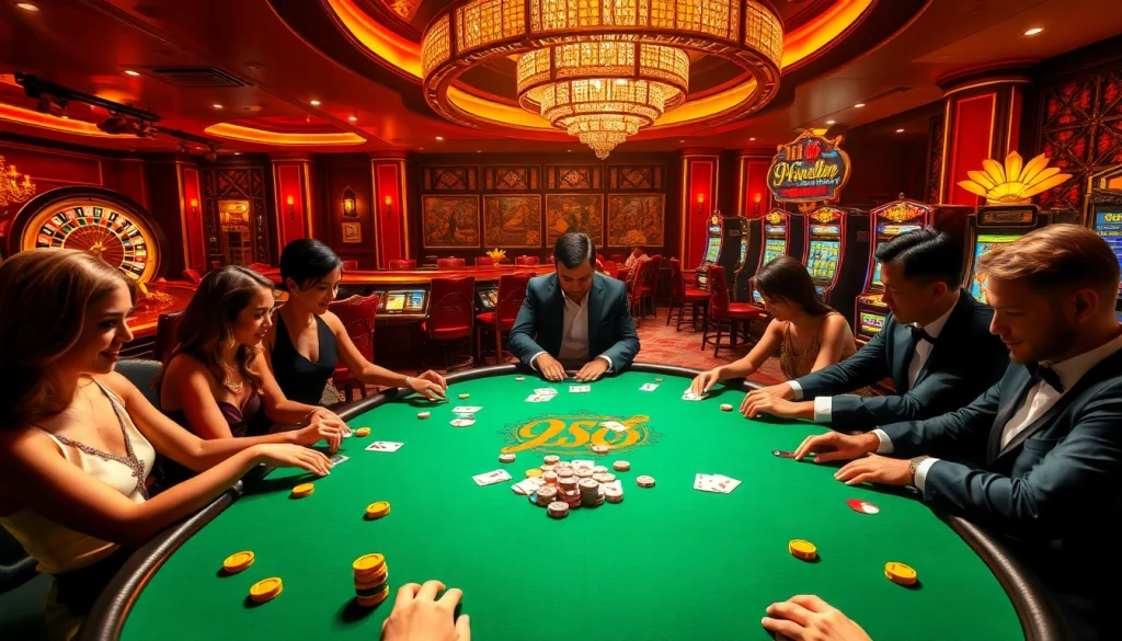 Experience the excitement of Hi 88 as players revel in classic casino games surrounded by vibrant lights.