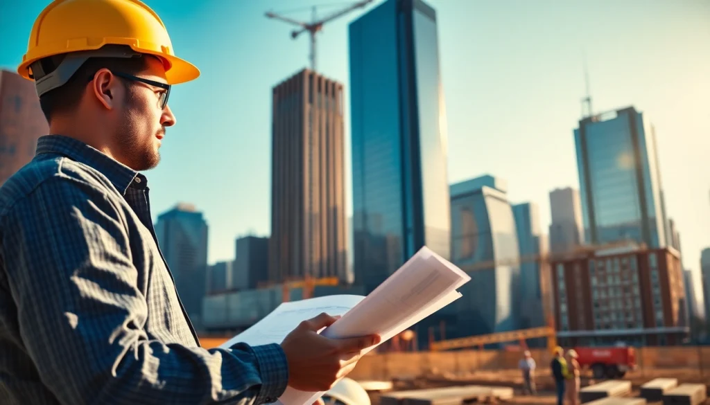 New York City Construction Manager overseeing a busy construction site with skyscrapers.