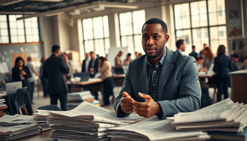 Highlighting a black journalist working on the blackchronicle in a busy newsroom setting.