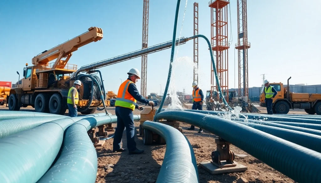 Effectively demonstrating industrial water transfer services with machinery and safety equipment in action.