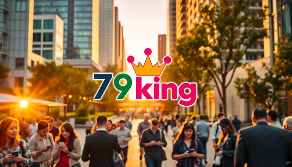 Engaged individuals around the 79king logo in an urban plaza during sunset.