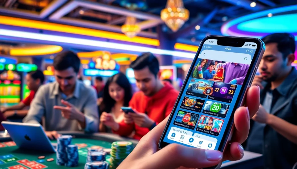 Engaging AF88 online gaming scene with diverse players enjoying casino games on digital devices.