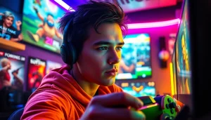Gamer immersed on https://gamelevate.com showcasing vibrant energy and concentration in a digital environment.