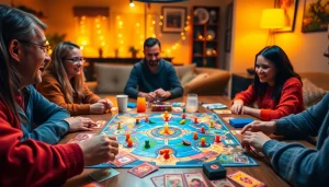 Menggambarkan suasana ceria bermain Unogg game dengan trik papan warna-warni dan ekspresi bahagia pemain.