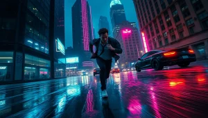 Capture the thrill of an action-packed thriller with a protagonist in a night city chase.