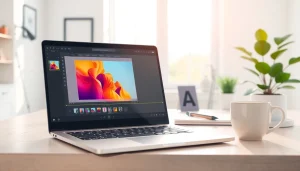 Enhance your photos with 美图秀秀电脑版, featuring a vibrant editing interface on a modern laptop.