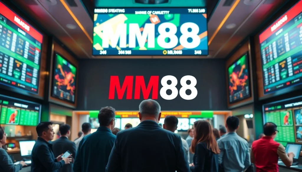 Betters enjoying the MM88 experience in a lively betting shop atmosphere with digital screens.