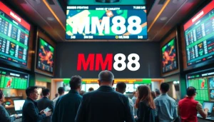 Betters enjoying the MM88 experience in a lively betting shop atmosphere with digital screens.