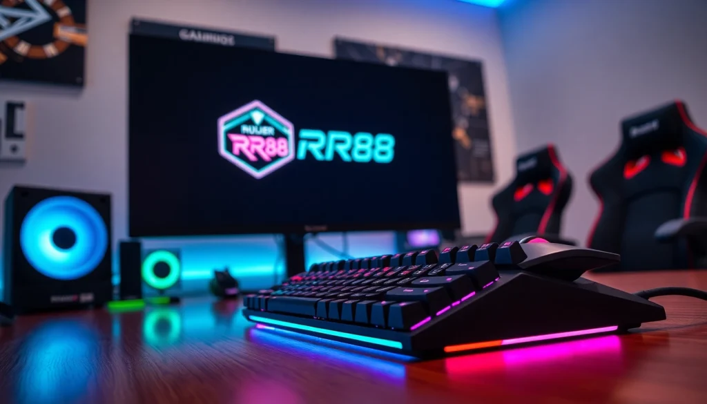 Showcase of a modern gaming setup with RR88 branding on a monitor and stylish RGB peripherals.