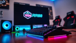 Showcase of a modern gaming setup with RR88 branding on a monitor and stylish RGB peripherals.